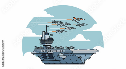 Vector graphic of an aircraft carrier with jets taking off. Illustrates military power, aerospace, and naval aviation in a clean, modern style