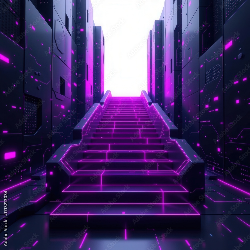Fototapeta premium Futuristic Digital Stairs with Neon Lighting in Cyberpunk Setting