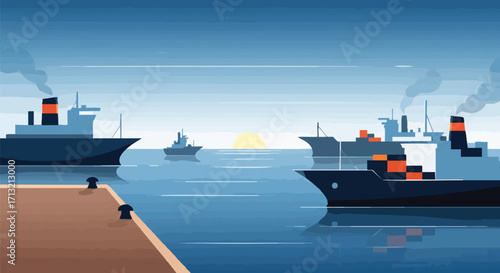 Vector illustration of a harbor scene at sunset. Cargo ships and tankers are docked or underway