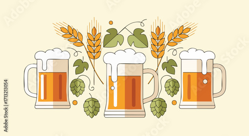 Vector illustration of beer mugs with wheat, hop flowers, and leaves. A refreshing beverage art for bar, pub, restaurant, or brewery use