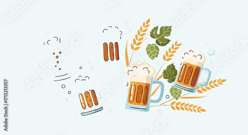 Vector illustration of beer mugs with foam, wheat, and hops. Perfect for pub, brewery, or bar advertising