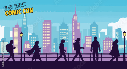 Vector illustration of people silhouettes walking with the New York City skyline
