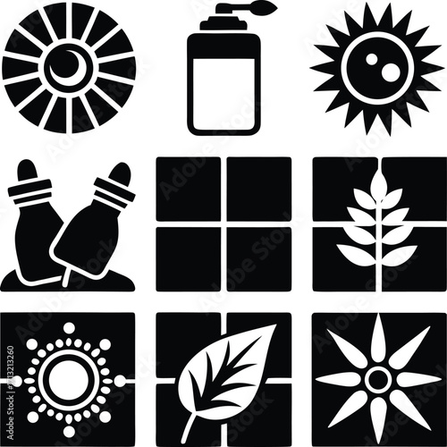 Collection of abstract icons featuring sunbursts leaves dropper bottles sun symbol and a pump dispenser for branding or design projects
