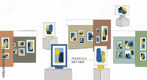 Vector illustration of Pensacola Art Fair showing abstract paintings exhibited on walls and stands