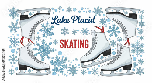 Vector illustration of white ice skates and blue snowflakes frame "Lake Placid Skating. " Captures winter sports and holiday cheer