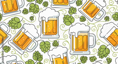 Vector seamless pattern of beer mugs and hops. Refreshing beverage with frothy foam and brewing ingredients