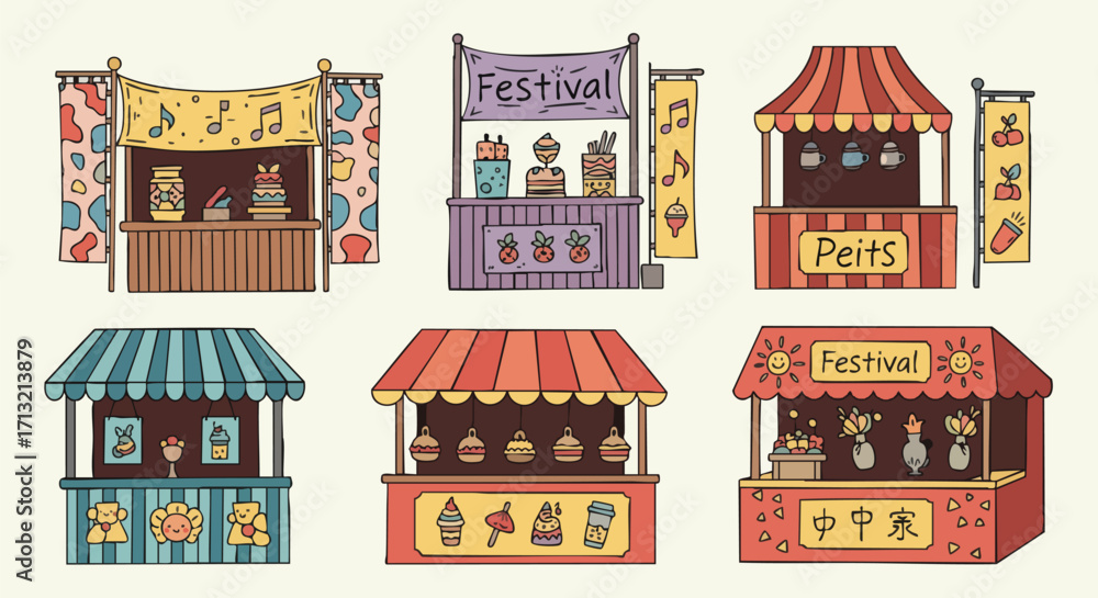 Fototapeta premium Vibrant collection of hand-drawn cartoon festival market stalls. Cheerful doodle fair booths offer food, treats, games, and entertainment
