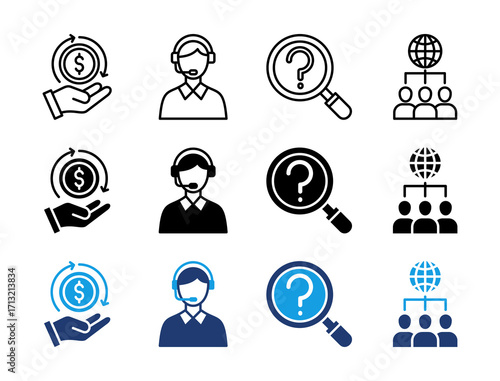 Customer Support Icon Set. Containing Money Flow, Call Center, Search, and Global Team Icons Collection.