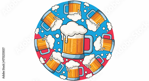 Vibrant cartoon vector illustration features multiple foamy beer mugs in a festive circular design