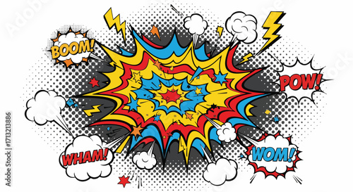 Vibrant comic book explosion with 'BOOM', 'POW', 'WHAM', 'WOM' speech bubbles