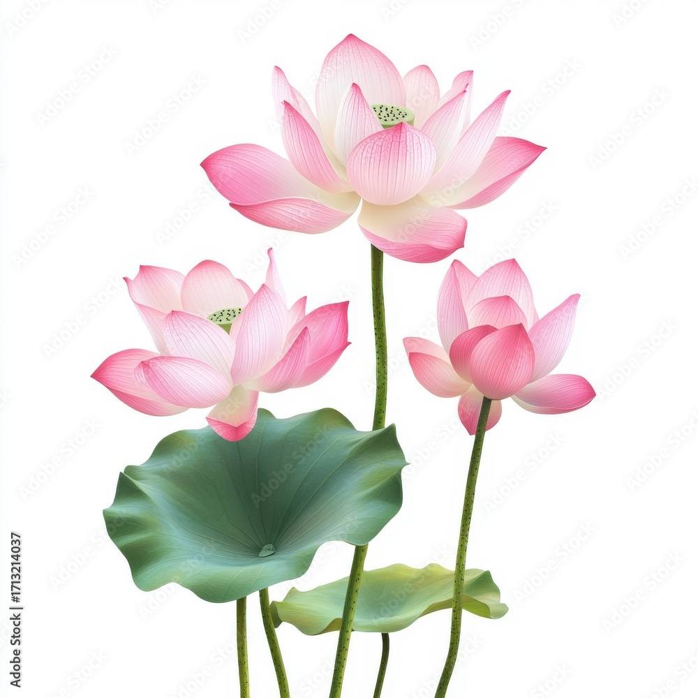 Obraz premium Beautiful pink lotus flowers gracefully bloom amidst soft green leaves, showcasing nature's elegance and tranquility.