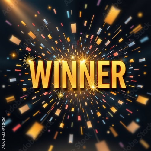 Celebration Theme with Golden Winner Text and Colorful Confetti