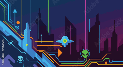 Vibrant flat design vector of a futuristic city at night