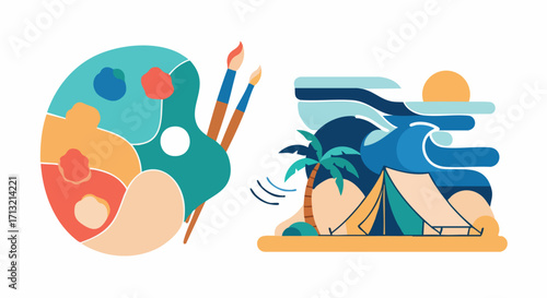 Vibrant flat illustration depicting an artist's palette and brushes alongside a serene beach camping scene with a tent, palm tree, and ocean