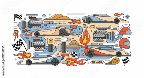 Vibrant flat illustration showcasing stylized racing cars, powerful engines, and speed elements