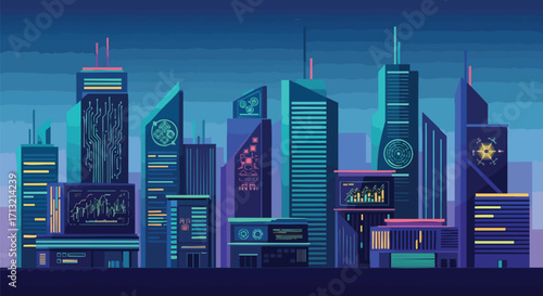 Vibrant futuristic city skyline at night with glowing technological displays on modern skyscrapers
