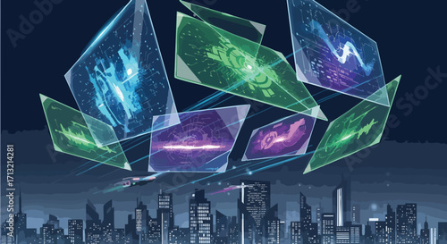 Vibrant holographic screens display digital data above a futuristic city at night
