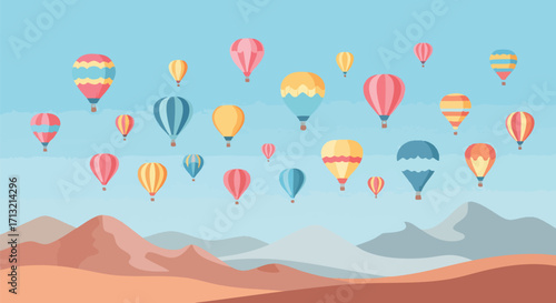 Vibrant hot air balloons drift across a serene blue sky above abstract mountains