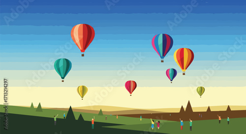 Vibrant hot air balloons ascend into a clear sky above a landscape. People watch the colorful spectacle