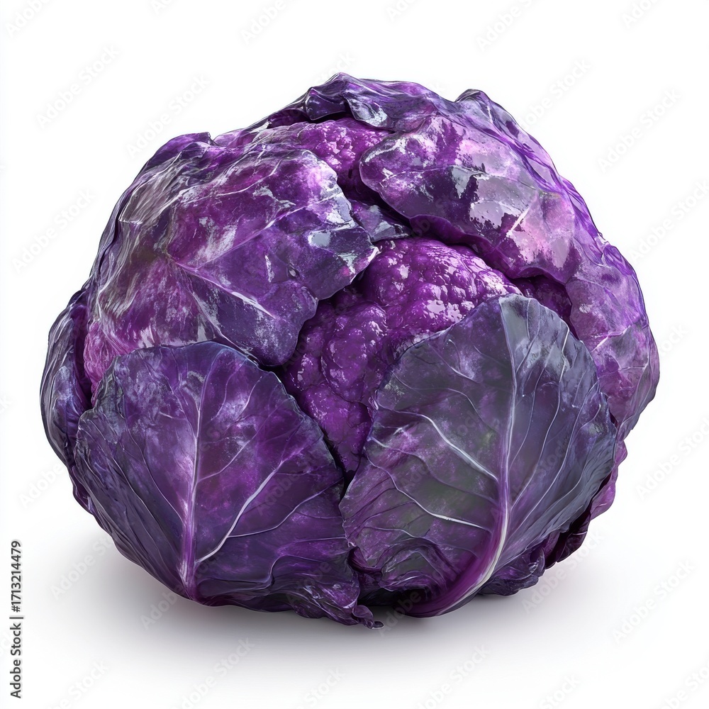 Obraz premium Vibrant purple cabbage with glossy leaves, showcasing its intricate texture and rich color.
