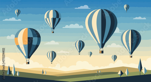 Vibrant hot air balloons gracefully float across a serene, undulating landscape under a bright sky with soft clouds