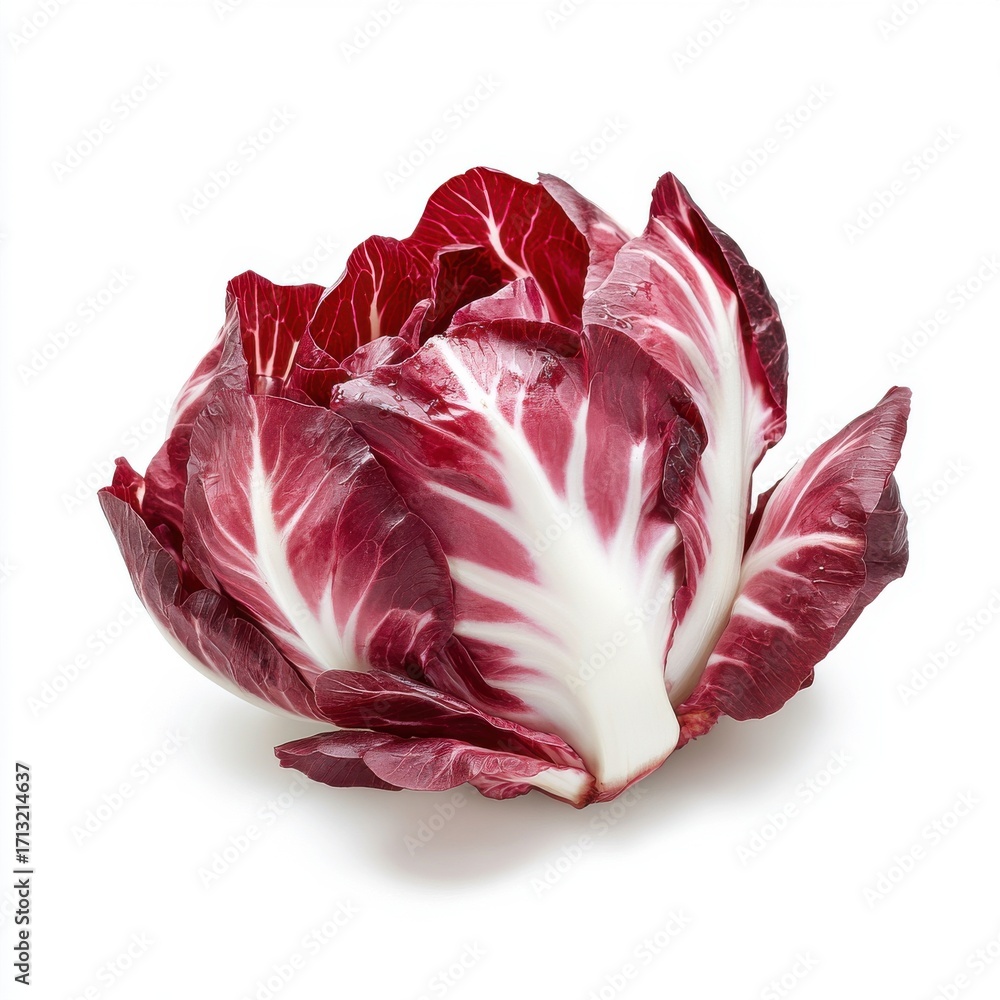 Obraz premium A vibrant red radicchio lettuce with striking white veins and crisp leaves, perfect for salads and garnishes.