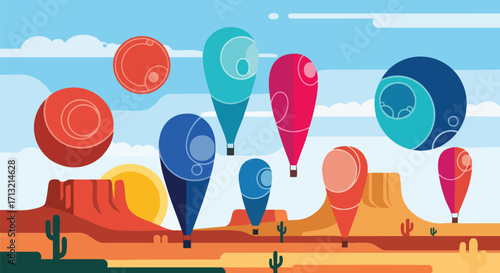 Vibrant illustration of hot air balloons soaring over a desert landscape, set against a bright sky