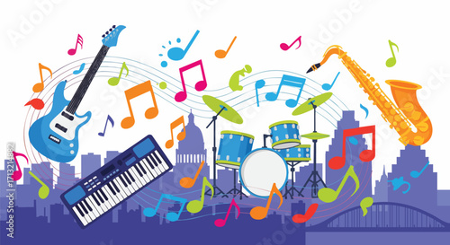 Vibrant musical instruments like guitar, keyboard, drums, and saxophone are playfully arranged over a skyline, creating a cheerful, upbeat mood perfect for music events