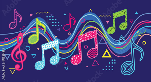 Vibrant neon music notes and abstract geometric shapes form an energetic, retro 80s/90s style vector background on deep blue
