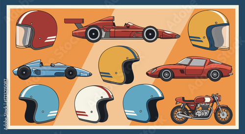Vibrant retro illustration showcasing classic racing cars, a vintage motorcycle, and various old-school helmets