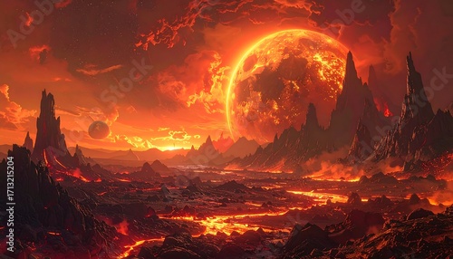 A fiery, volcanic landscape dominates the scene, with a large, burning sun and a distant planet in a dramatic, fiery sky.