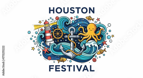 Vibrant vector illustration featuring a lighthouse, anchor, octopus, fish, and blue waves for 'Houston Festival' branding and summer events