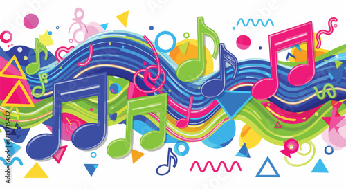 Vibrant vector illustration of colorful musical notes dancing on a wave of abstract geometric shapes