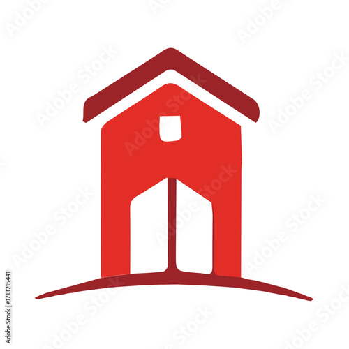 Red barn or house icon with an open entrance and a peaked roof