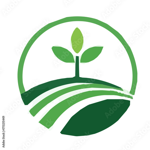 Green sprout growing on a stylized farm field, representing agriculture and growth