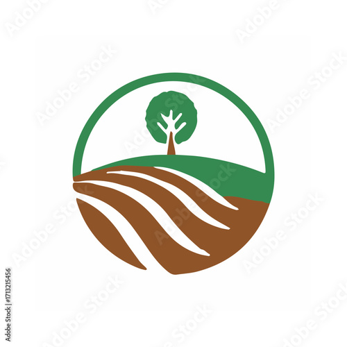 Circular logo with a tree on a hill above plowed fields