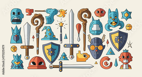 Vibrant vector illustration of fantasy and RPG game elements. Includes cartoonish swords, shields, magic wands, staffs, and monster character icons