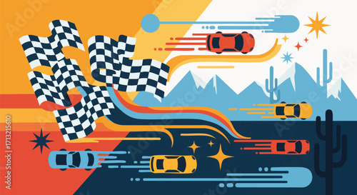 Vibrant vector illustration shows race cars speeding past checkered flags in a stylized desert