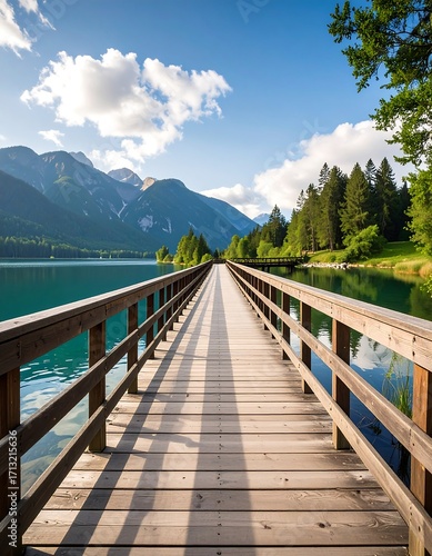 Serene wooden pier extending into a tranquil lake, with mountains in the background