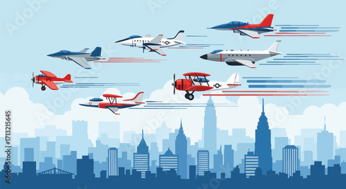 Vintage and modern airplanes fly in formation over a cityscape. A vibrant illustration perfect for aviation, travel, or patriotic themes