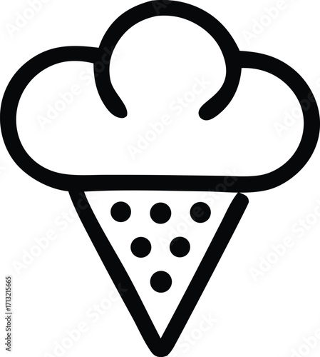 Simple black line art ice cream cone icon with dots representing flavors for desserts and treats