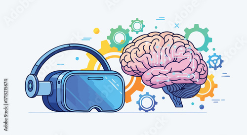 VR headset with human brain and gears illustration. Exploring virtual reality concept
