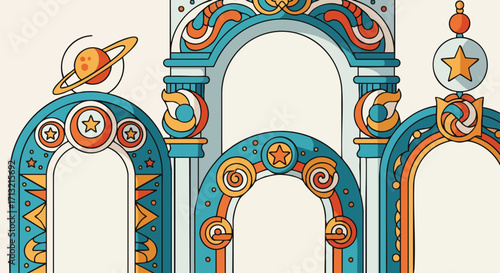 Whimsical illustration featuring an ensemble of ornate archways adorned with cosmic and celestial motifs