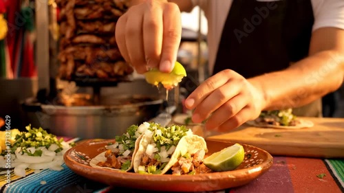 Street stall Mexico serving tacos al pastor lime cinematic UHD authentic Mexican street food stock footage. mexican cuisine vendor taco preparation citrus gastronomy ultra