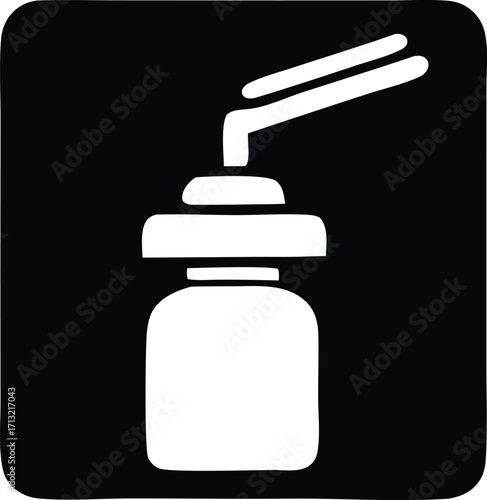 Simple icon of a medicine dropper bottle with two drops dispensing fluid for medical care or pharmaceutical use