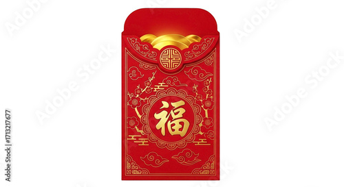Red chinese new year lucky money envelope with gold coins and traditional chinese calligraphy for fortune, isolated on transparent background