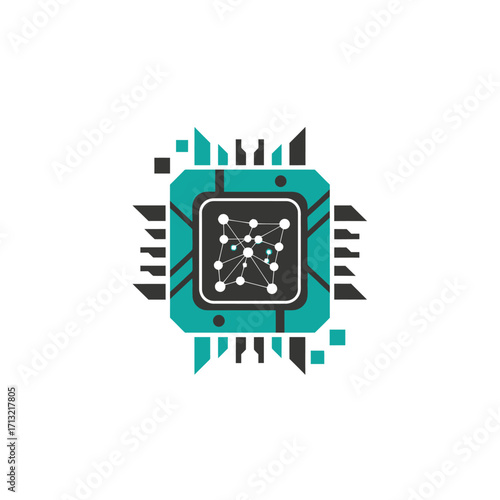 Digital innovation logo with microchip and network nodes emblem