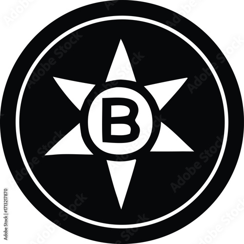 Stylish geometric star emblem with inner circle featuring bold letter b for branding and design projects