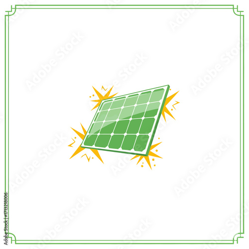 Futuristic vector logo with solar panel in circular frame, blue green yellow accents
