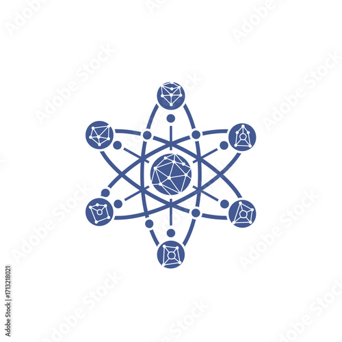 Quantum computing logo with abstract atom and digital nodes orbiting in geometric emblem